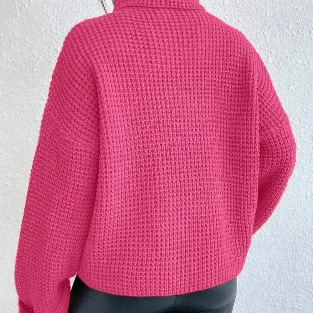 Hot Pink Casual Women's Loose Fit Turtleneck Drop Shoulder Sweater